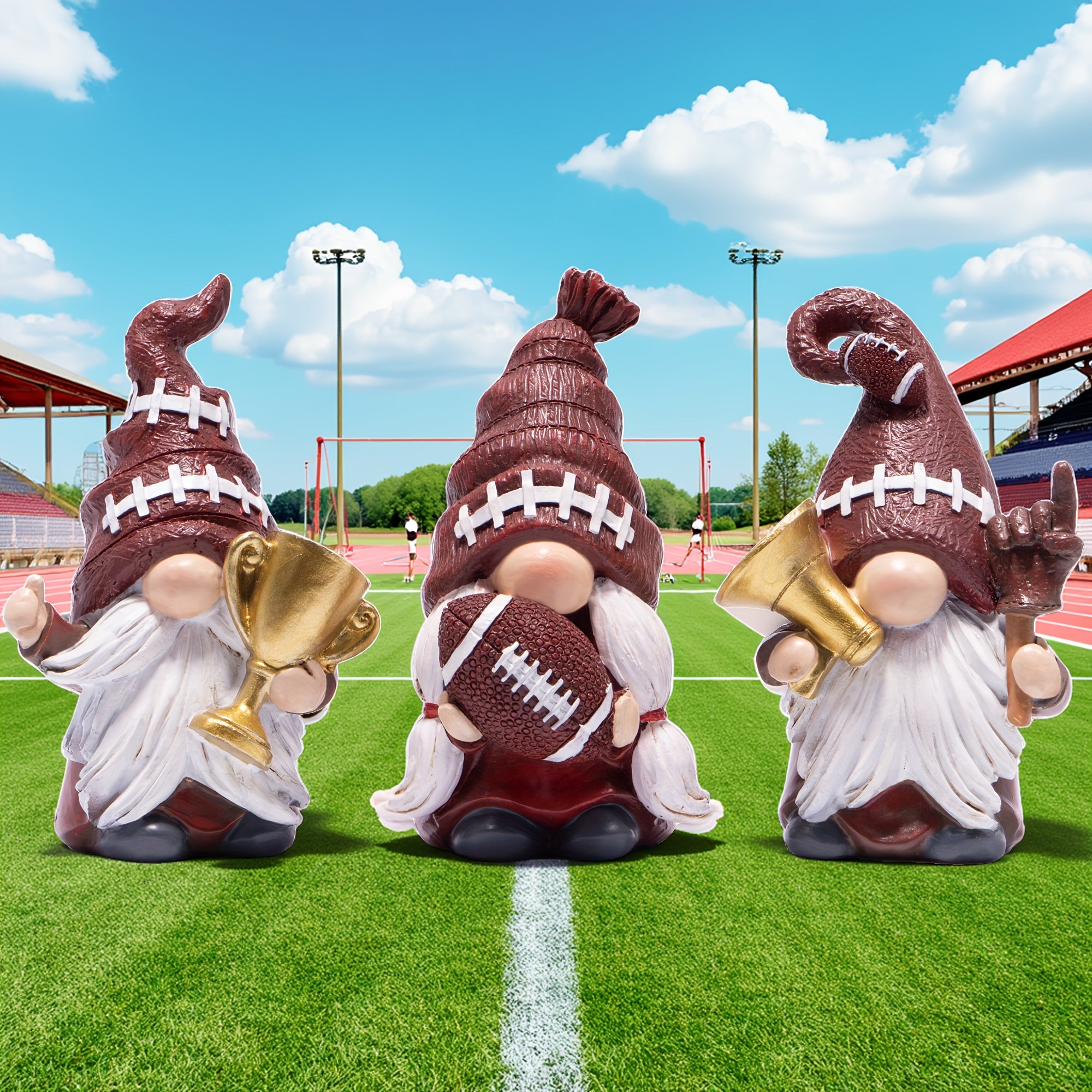 Basen Football Gnome Figurines Set - Resin Decor With Trophy, Football & Horn Designs - Adorable Dwarf Ornaments For Indoor Outdoor Home Garden Patio Decoration