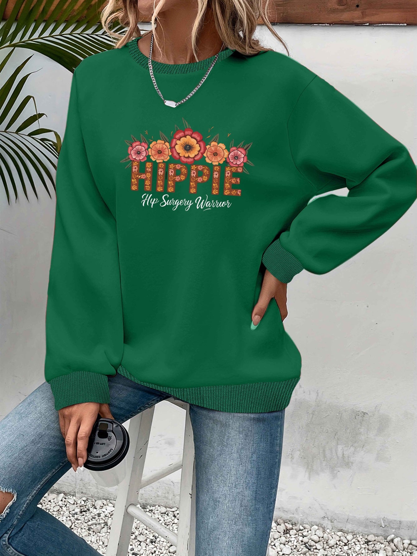 [Relaxed Style] Women's Hippie Warrior Sweatshirt - Cozy Gray Long Sleeve Crewneck with Colorful Floral and Geometric Embroidery, Casual Fall/Winter Polyester Pullover, Clothing Top | Floral Top | Glossy Fabric, Hippie Clothe