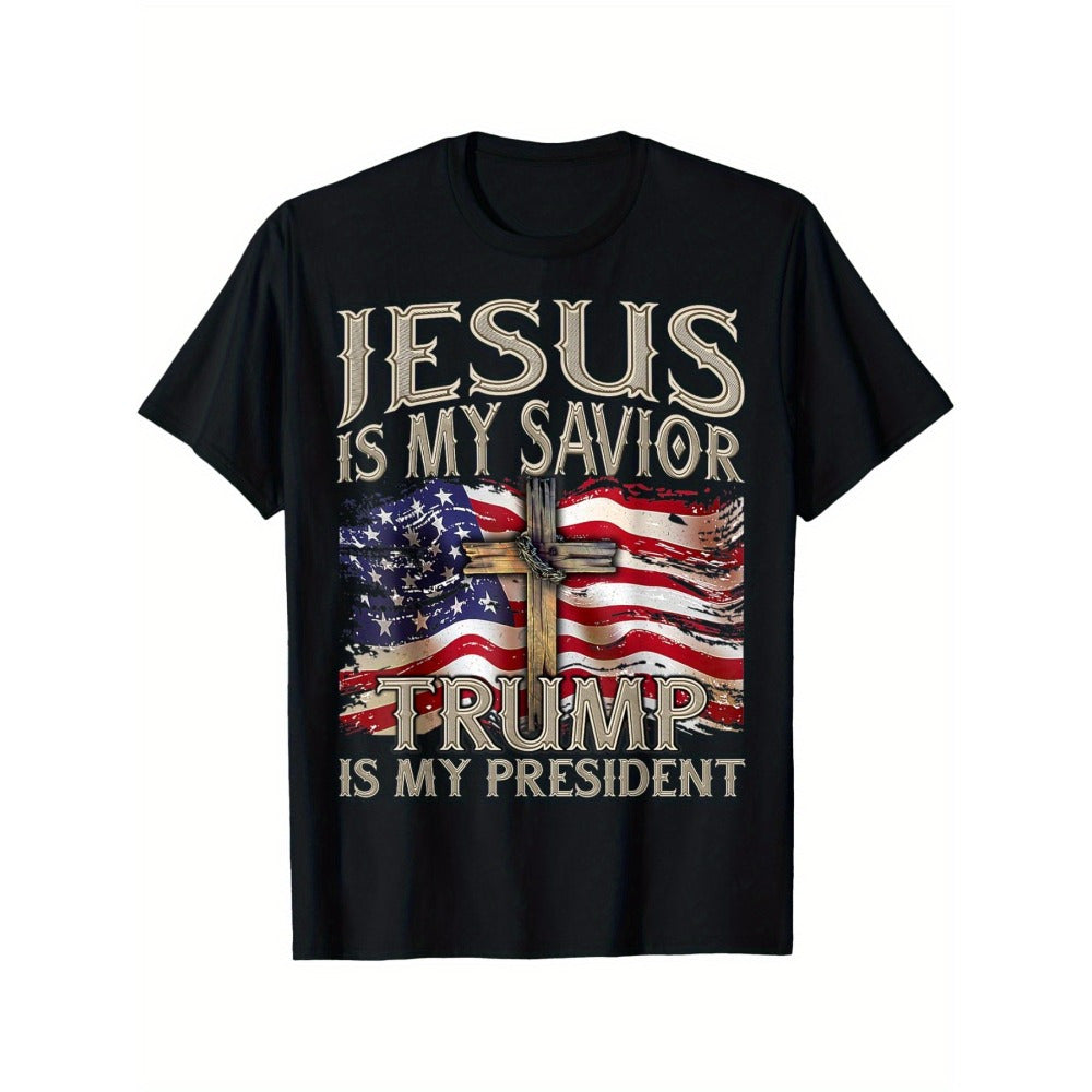 1pc Patriotic American Flag T-Shirt for Men - 'Jesuss Is My Savior, Trummp Is My President' Print | Soft, Crew Neck, Short Sleeve | Perfect Gift Idea