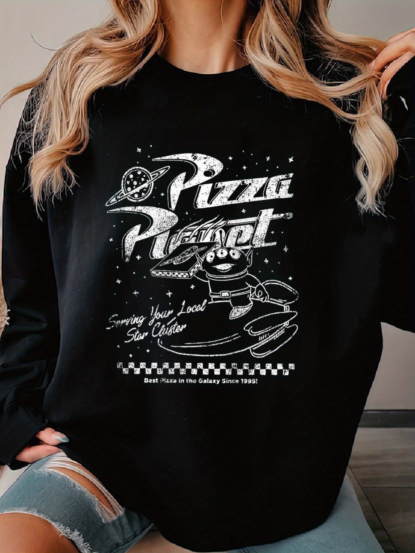 Women'S Cotton Blend Knit Crew Neck Sweatshirt with Pizza Planet Graphic - Casual Fall/Winter Top