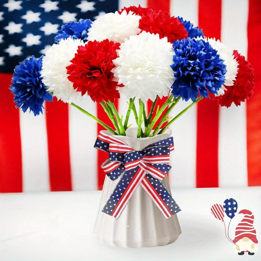 Patriotic Artificial Flowers Red White Blue Ball Chrysanthemum Bouquet | 4th Of July Memorial Family Gathering Center Vase Decoration