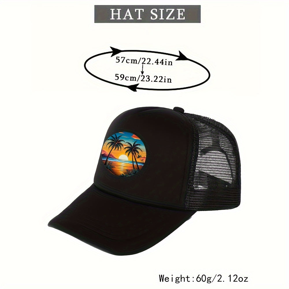 Unisex Tropical Sunset Print Trucker Cap - Adjustable Breathable Mesh Back Baseball Hat for Outdoor Activities
