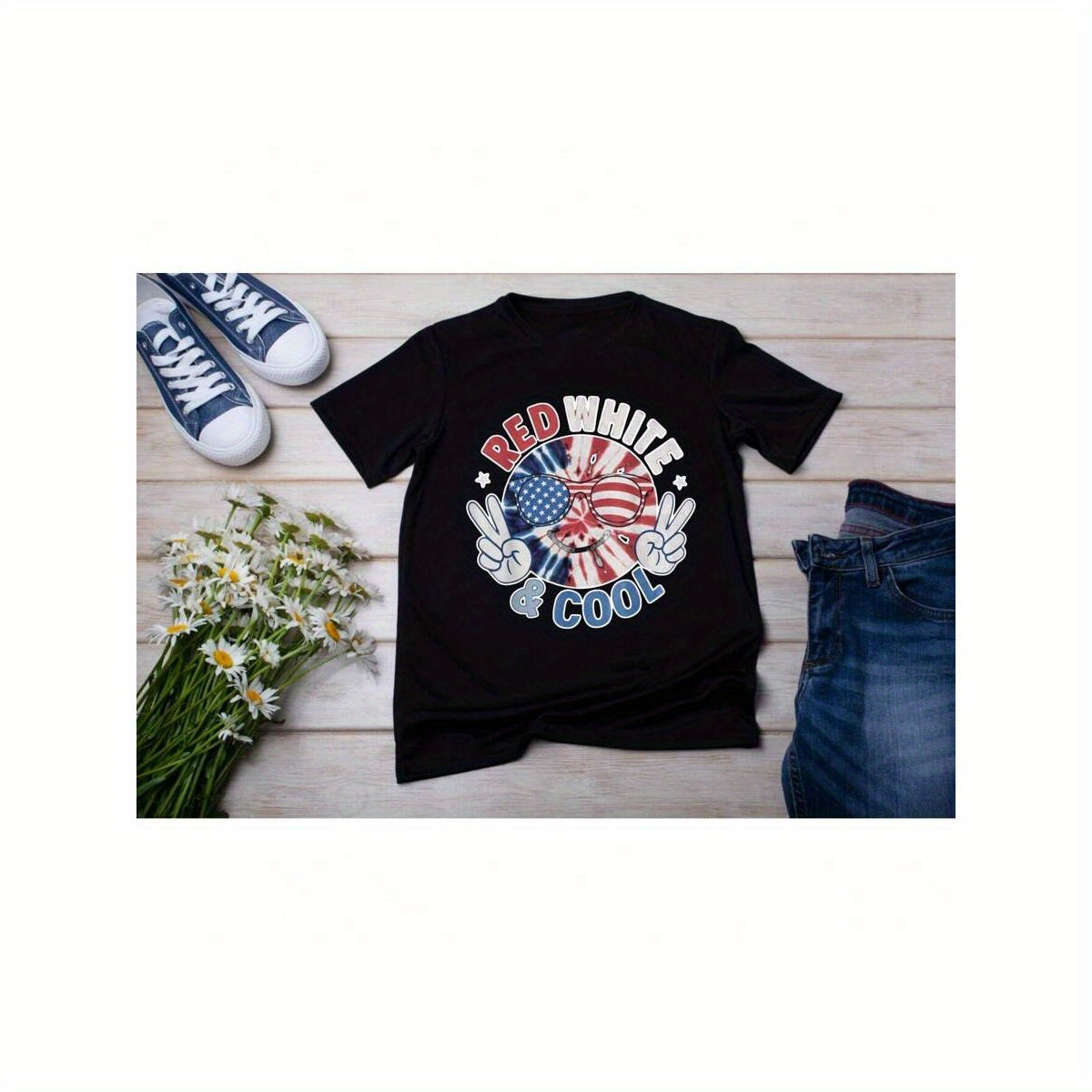 Patriotic Independence Day T-Shirt Featuring The American Flag - Stylish Red, White, And Cool Design with a Peace Sign Motif - Comfortable And Breathable, Ideal for Both Men And Women, Perfect for Outdoor Celebrations on The