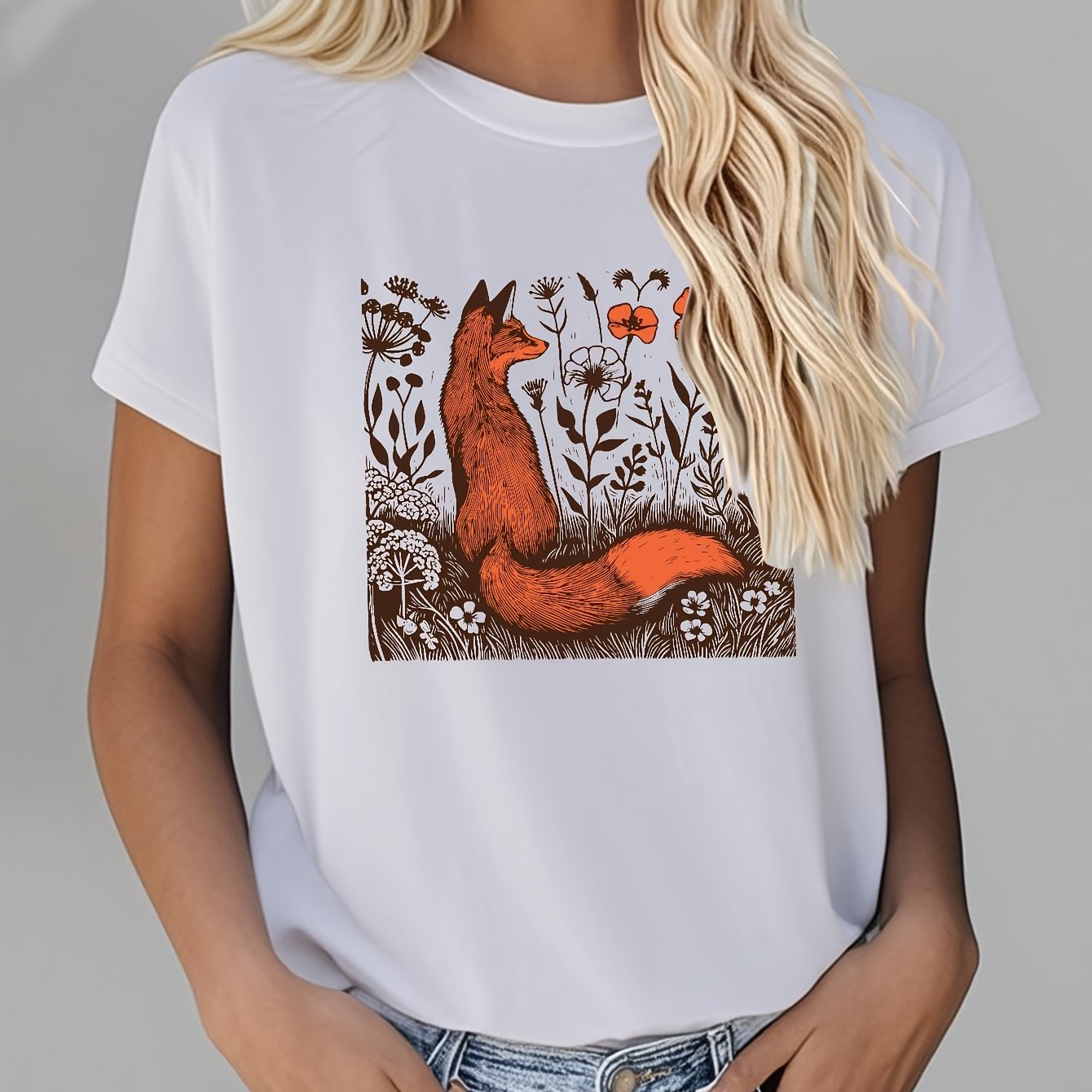 [Soft Cotton T-Shirt] Soft Cotton Women's Rustic Fox & Floral Graphic T-Shirt | High Elasticity Breathable Streetwear Top for Spring/Summer, Casual Daily Wear, Machine Washable Gift, Ladies T Shirts, Everyday Comfort, Streets