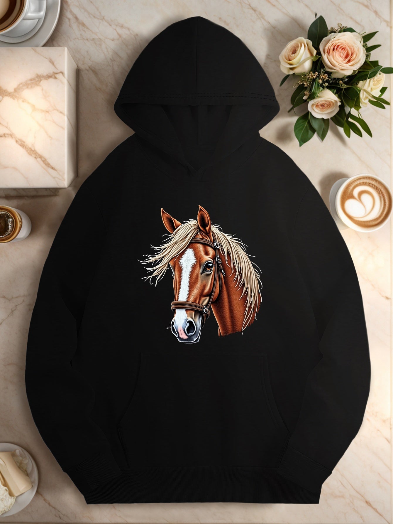 Plus Size Women'S Hoodie with Embroidered Horse Head & Harness Design - Cozy Long Sleeve Pullover with Pockets, Black Casual Fall/Winter Top, Oversized Hoodie