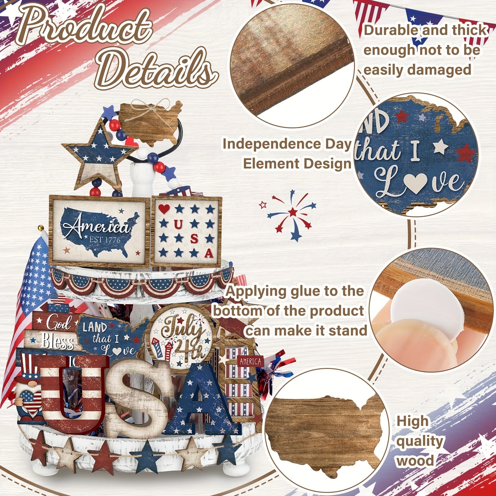 4th Of July Party Table Centerpiece, American Flag Star Wooden Sign Home Decor, Spring Patriotic Tiered Tray Decorations Set, Red White Blue Rustic Farmhouse Wooden Sign, Memorial Independence Day Table Decorations for Home,