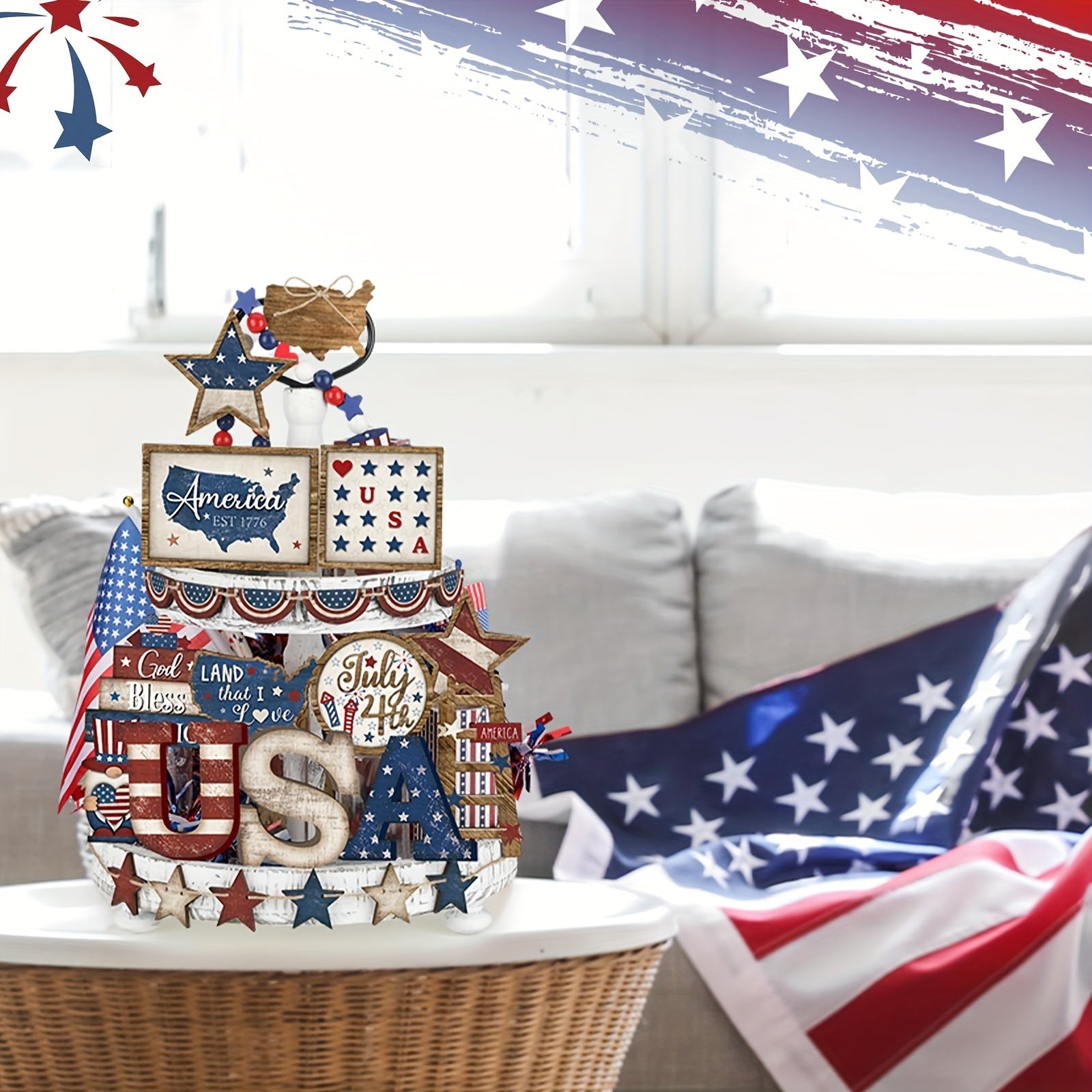 4th Of July Party Table Centerpiece, American Flag Star Wooden Sign Home Decor, Spring Patriotic Tiered Tray Decorations Set, Red White Blue Rustic Farmhouse Wooden Sign, Memorial Independence Day Table Decorations for Home,