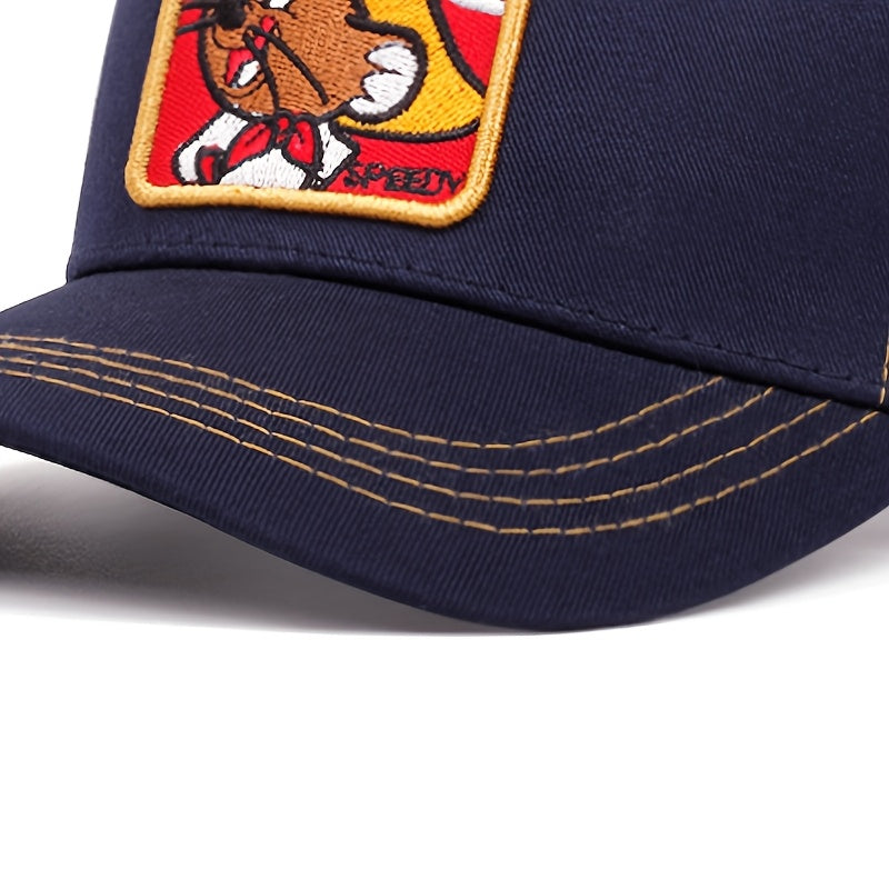 Navy Blue Cartoon Character Baseball Cap - Lightweight Polyester Mesh Trucker Hat with Sun Protection, Adjustable Snapback Closure for Casual Wear