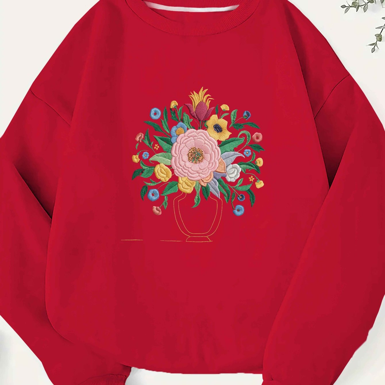 Embroidered Floral Pattern Illustration 250G Women'S Plus Size Sweatshirt