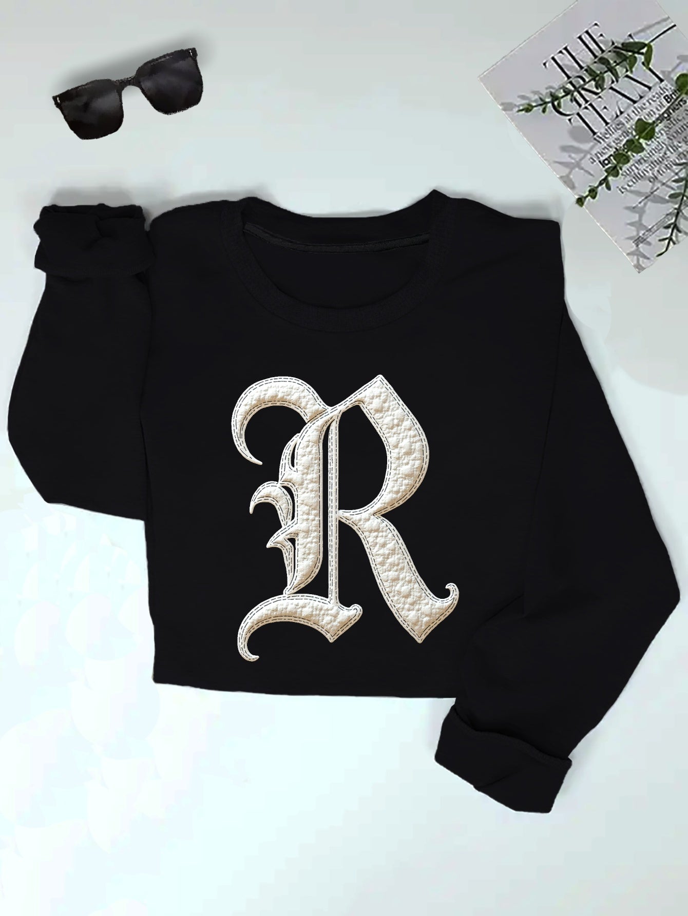 Women'S Gothic Letter R Embroidered Sweatshirt, Casual Crew Neck Long Sleeve Pullover, Geometric Pattern, Regular Fit, Fall/Winter Collection, Cute Sweatshirts
