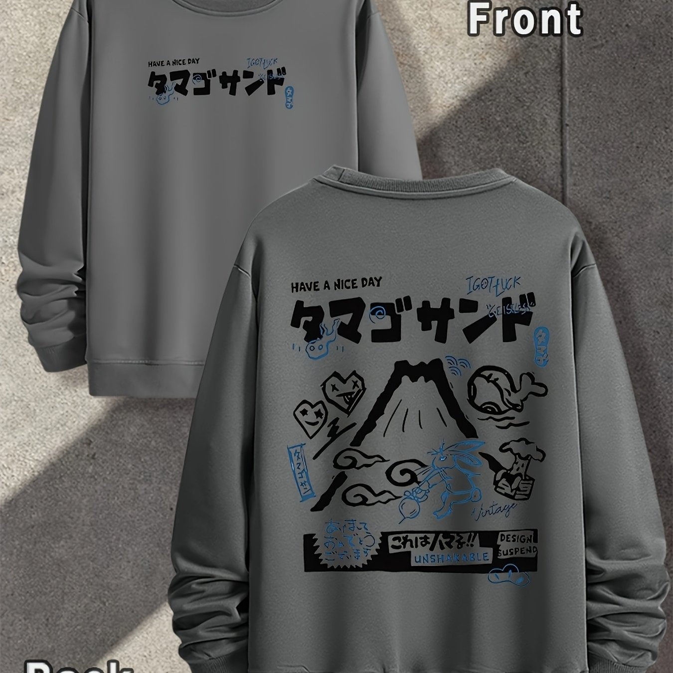 [Japanese Graffiti Sweater] Men's Japanese Graffiti Crew Neck Sweater - Spring And Autumn, Double-sided Printing Pattern, Outdoor Wear