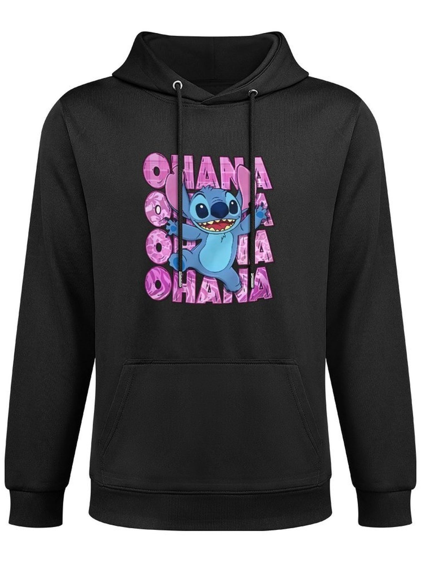 Disney Men'S Black Retro Pullover Hoodie with Stitch Ohana Disney Friends Digital Print, Soft Regular Fit Casual Sweatshirt, Machine Washable, Disney Sweatshirt