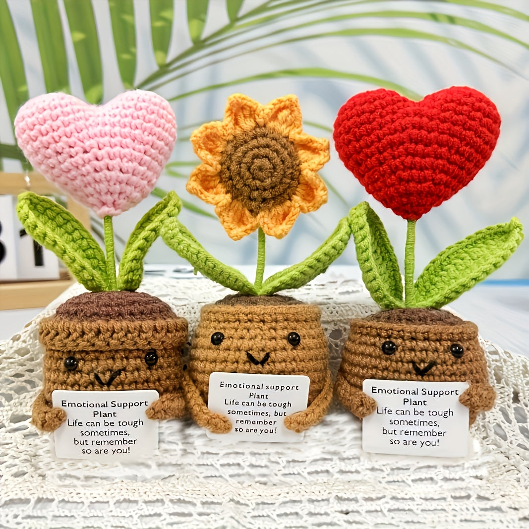 Crochet Heart Pot, Crocheted Sunflower Pot With Encouragement Card, Soft Knitting Decoration, Handmade Crochet Emotional Support Plant, Emotional Support For Birthday Gifts Room Decor