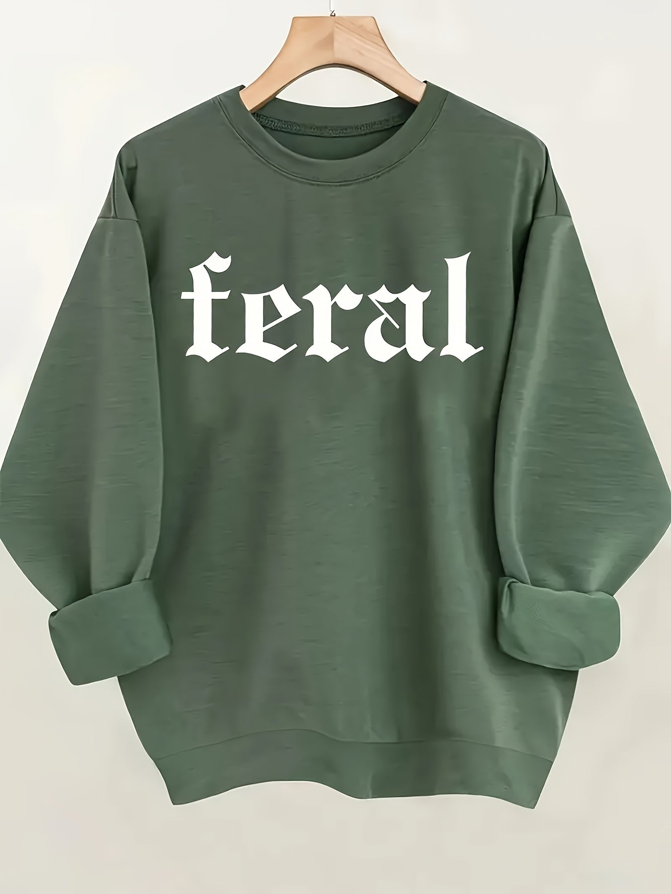 Women's Black Feral Print Pullover Sweatshirt - Soft Casual Long Sleeve Crew Neck with Bold White Lettering - Machine Washable All-Season Comfort, Cute Sweatshirts, Everyday Comfort, Modern Sweatshirt, Durable Comfort, Weeken