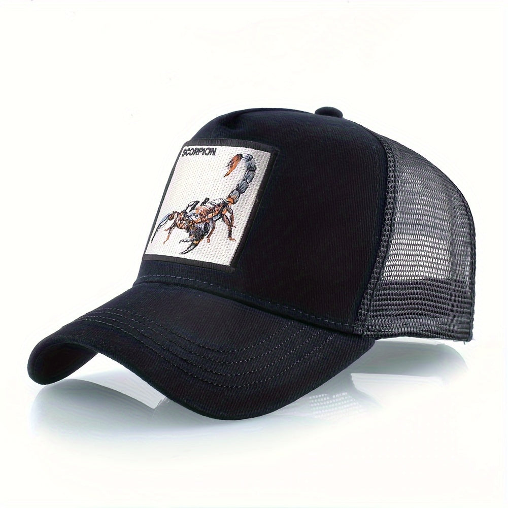 Unisex Embroidered Scorpion Baseball Cap - Breathable Mesh Trucker Hat for Outdoor Sports & Hip-Hop Style, Summer Casual Wear, Black & Beige Design with Bold 