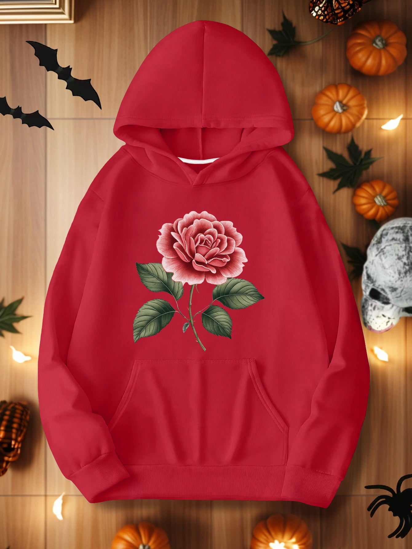 Embroidered Red Rose Illustration Women'S Plus Size Casual Hoodies