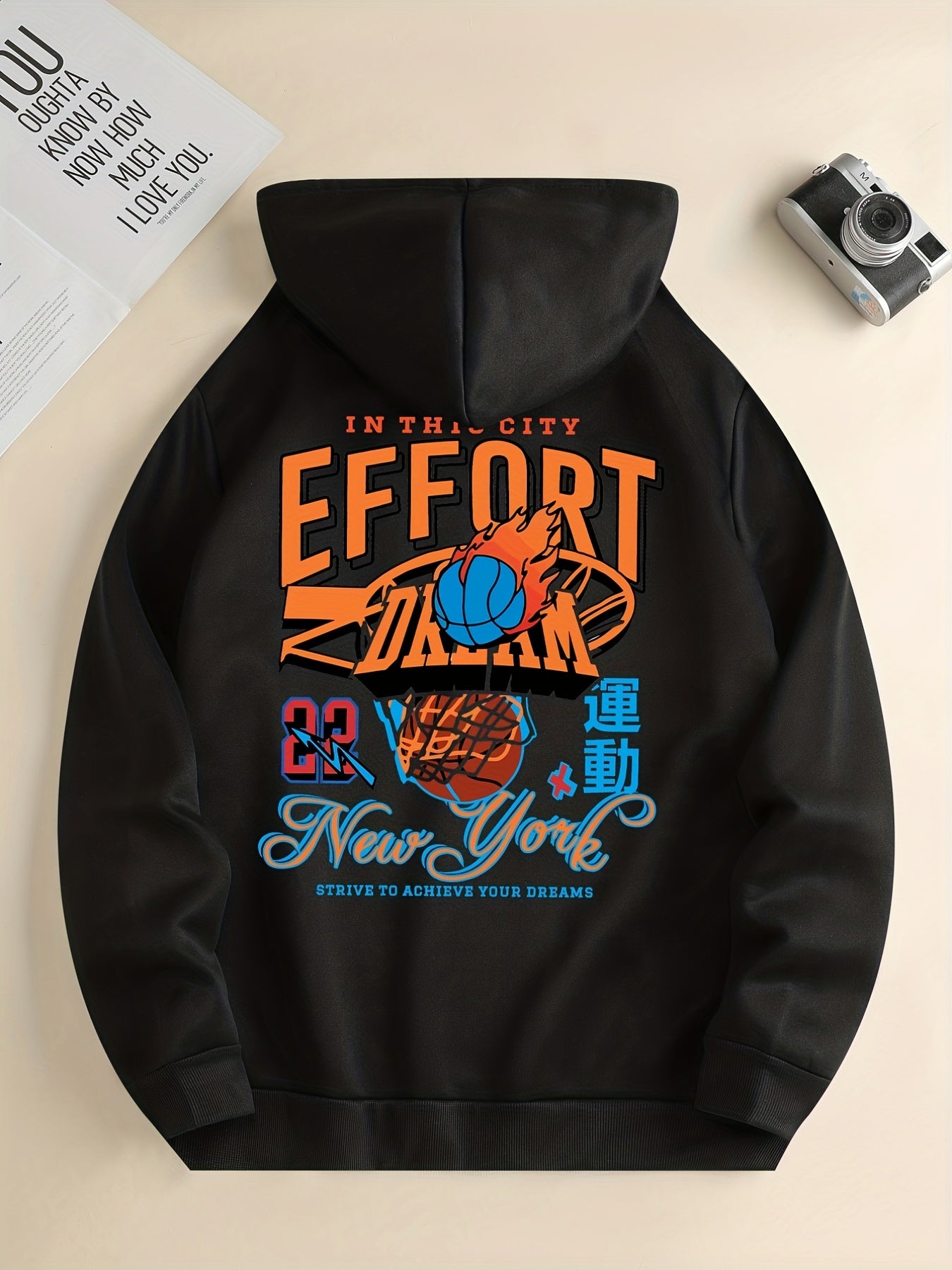 Men'S Trendy Hoodie with Basketball Print - Casual Drawstring Pullover with Kangaroo Pocket, Polyester & Spandex Blend, Machine Washable