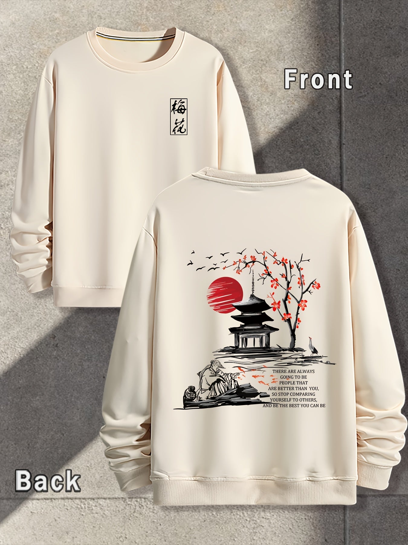 Spring And Autumn, Men'S Fashion Crew Neck Sweater, Plum Blossoms, Front And Rear Printing Patterns Of The Pavilion, Outdoor Wear Inside And Outside With The Same Crew Neck Sweater For Men And Women