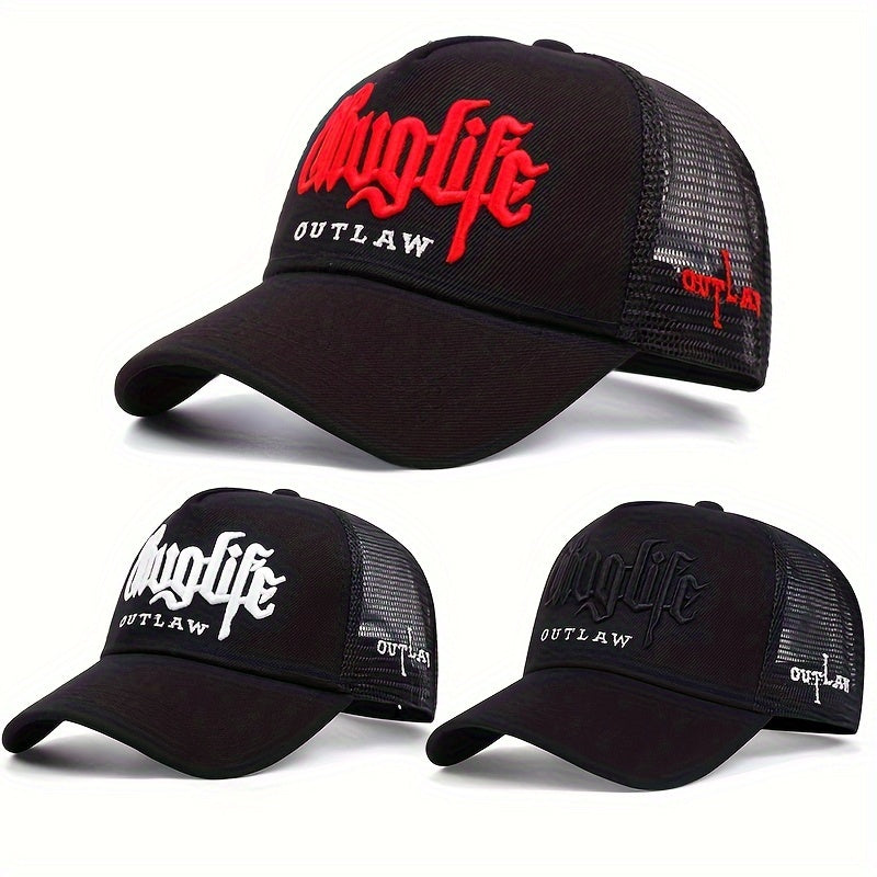 Cool Hippie Gothic Curved Brim Baseball Cap, 3D Embroidery Breathable Mesh Trucker Hat, Snapback Hat For Casual Leisure Outdoor Sports