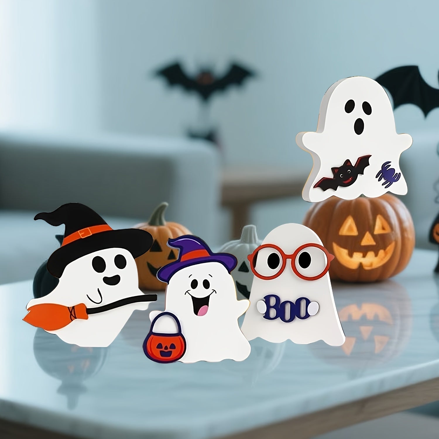 Cute Halloween Decorations Indoor - Halloween Decor/ Decor, 4pcs Wooden Halloween Signs for Table, Office Desk, Tiered Tray, Fireplace Mantle - Spooky Halloween Decorations