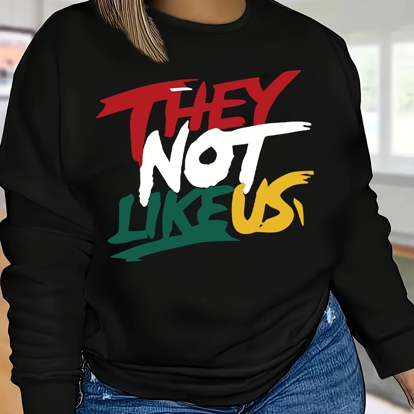 [Graphic Sweatshirt] Black Long Sleeve Women's Graphic Sweatshirt - THEY NOT LIKE US - Bold Colorful Letter Print, Casual Fall/Winter Polyester Knit Top