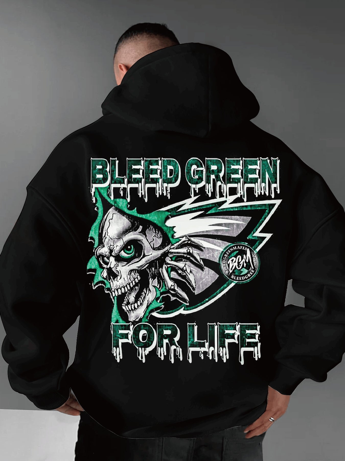 Men's Bleed Green Hoodie - Casual Football Fan Skull Eagle Design Sweatshirt, Soft Polyester Fabric, Machine Washable, Comfortable for Spring & Fall