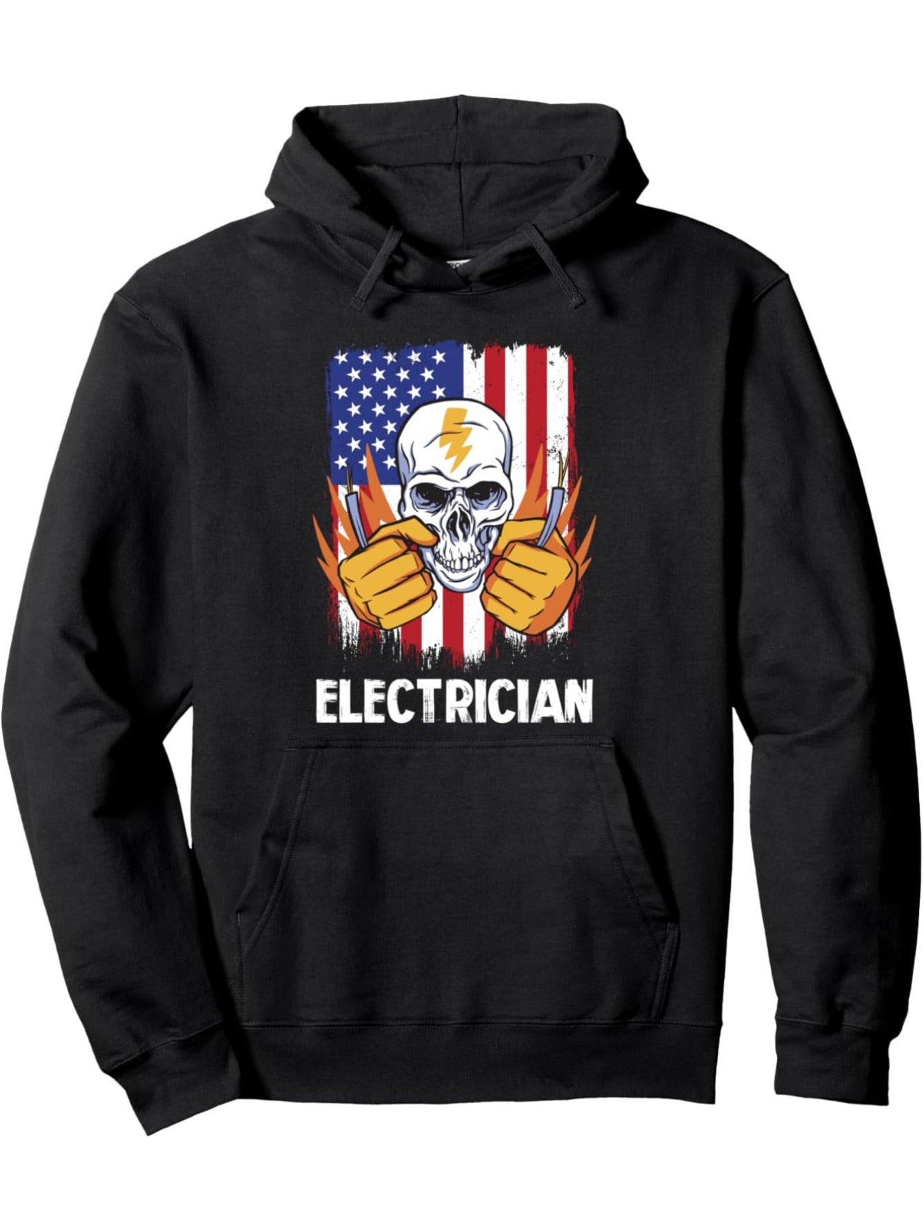 Electrician Skull American Flag Graphic Hoodie, Casual Cotton Blend Knit Fabric Pullover, Regular Fit, with Long Sleeves and Hooded Collar