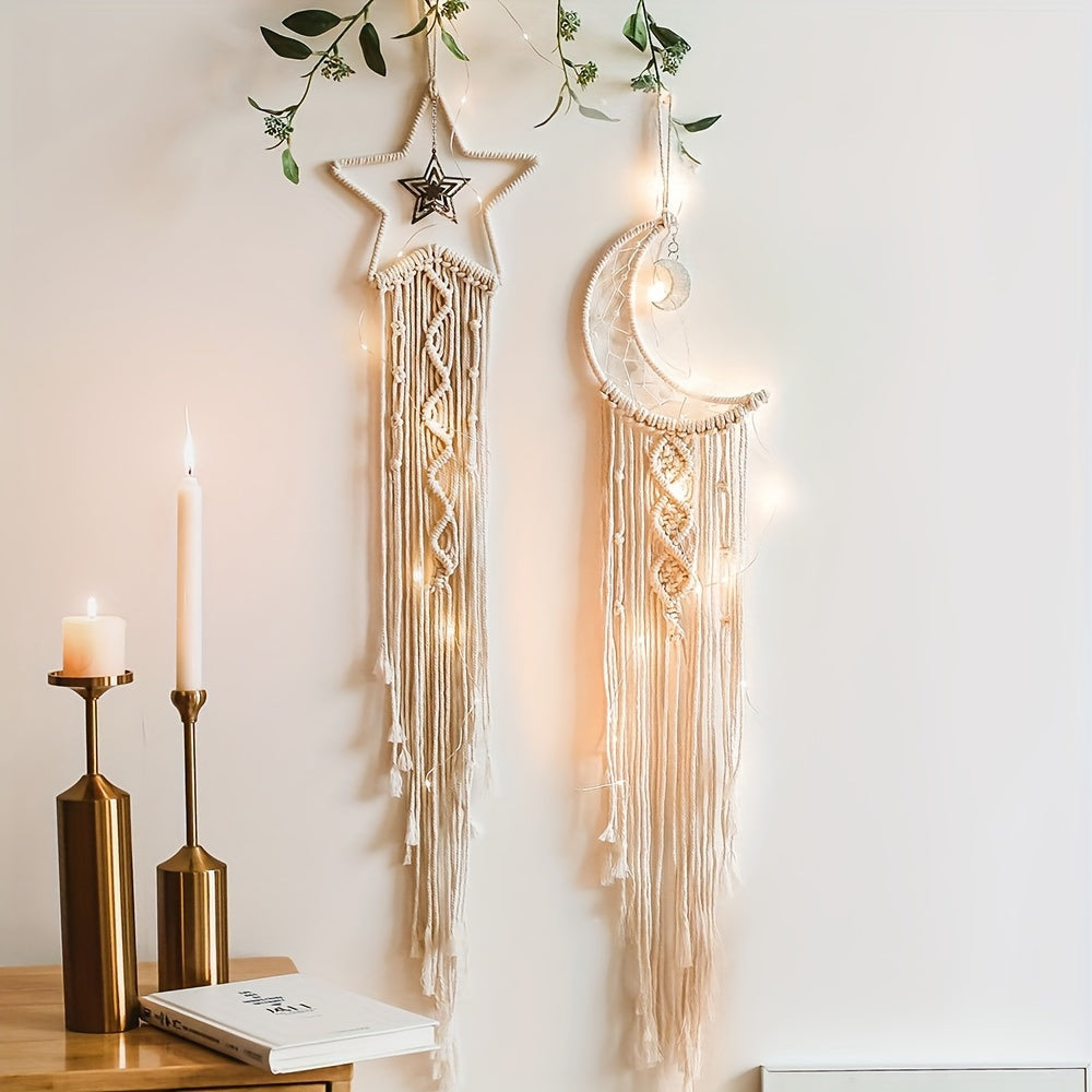 Set of 2pcs Hand-Woven XINGX and Moon Dream Catch Wall Hanging, Bohemian Home Decorative Wall Hangings Decoration, Suitable for Home Wedding Living Room Bedroom Holiday Gift Decorative Wall Hangings without Lights, Suitable f