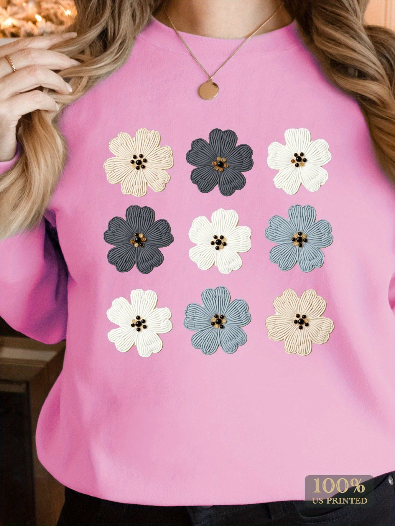 Women's Cozy Pink Floral Embroidered Sweatshirt with Bead Details - Soft Long Sleeve Pullover for Fall/Winter, Casual Round Neck Design, Machine Washable