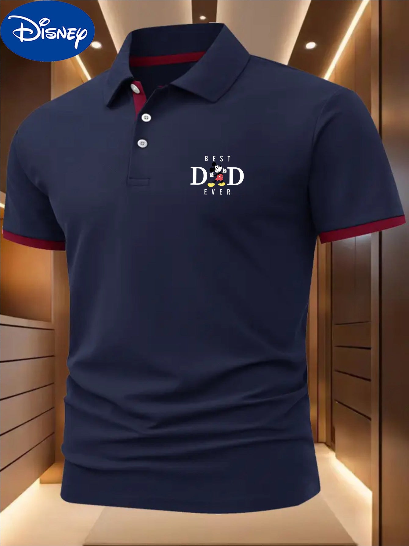 Disney BEST DAD EVER Mickey Theme Print Shirt - Lightweight Quick-Dry Breathable Polyester, Color Blocked Collar & Sleeve Trim, Unisex Golf & Tennis Shirt for Summer, Perfect Father's Day Gift