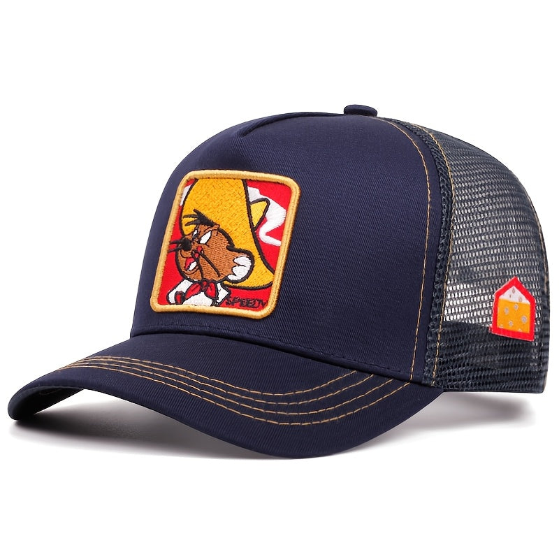 Navy Blue Cartoon Character Baseball Cap - Lightweight Polyester Mesh Trucker Hat with Sun Protection, Adjustable Snapback Closure for Casual Wear
