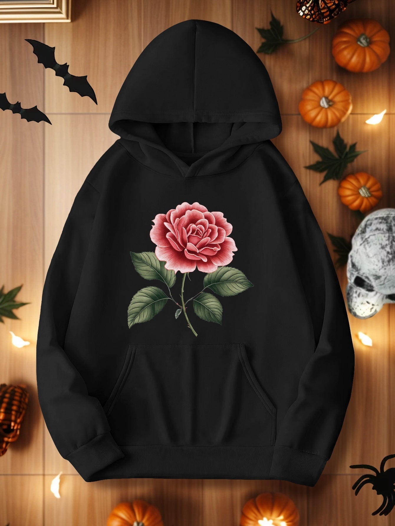Embroidered Red Rose Illustration Women'S Plus Size Casual Hoodies