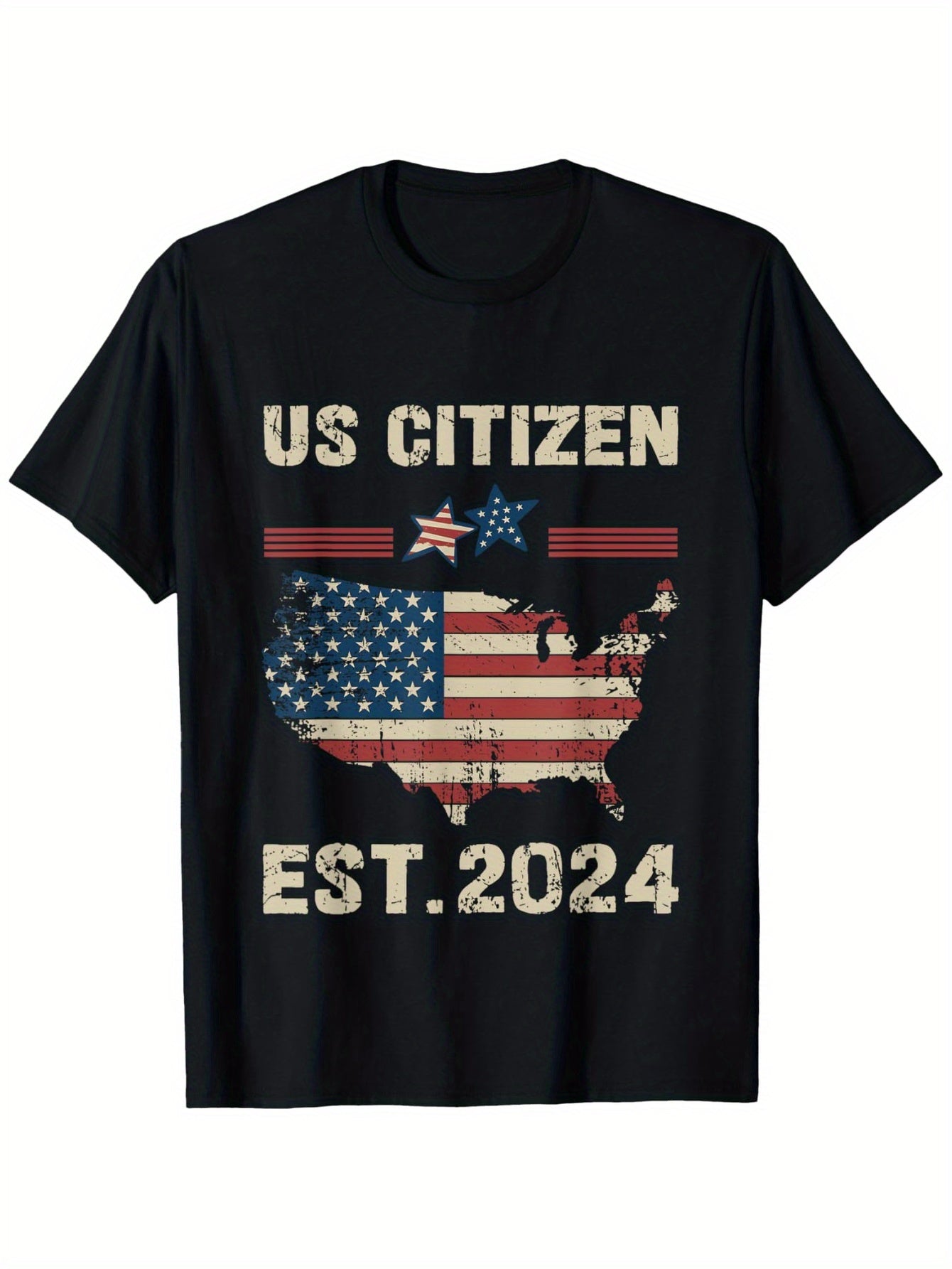Men's US Citizen Est. 2024 Citizenship Party T-Shirt - Patriotic American Flag Map design, Heavyweight 180gsm Cotton Tee for Naturalization Ceremony, Independence Day, Civic Events - Sizes S-XXXL (Black), American Flag Clothe