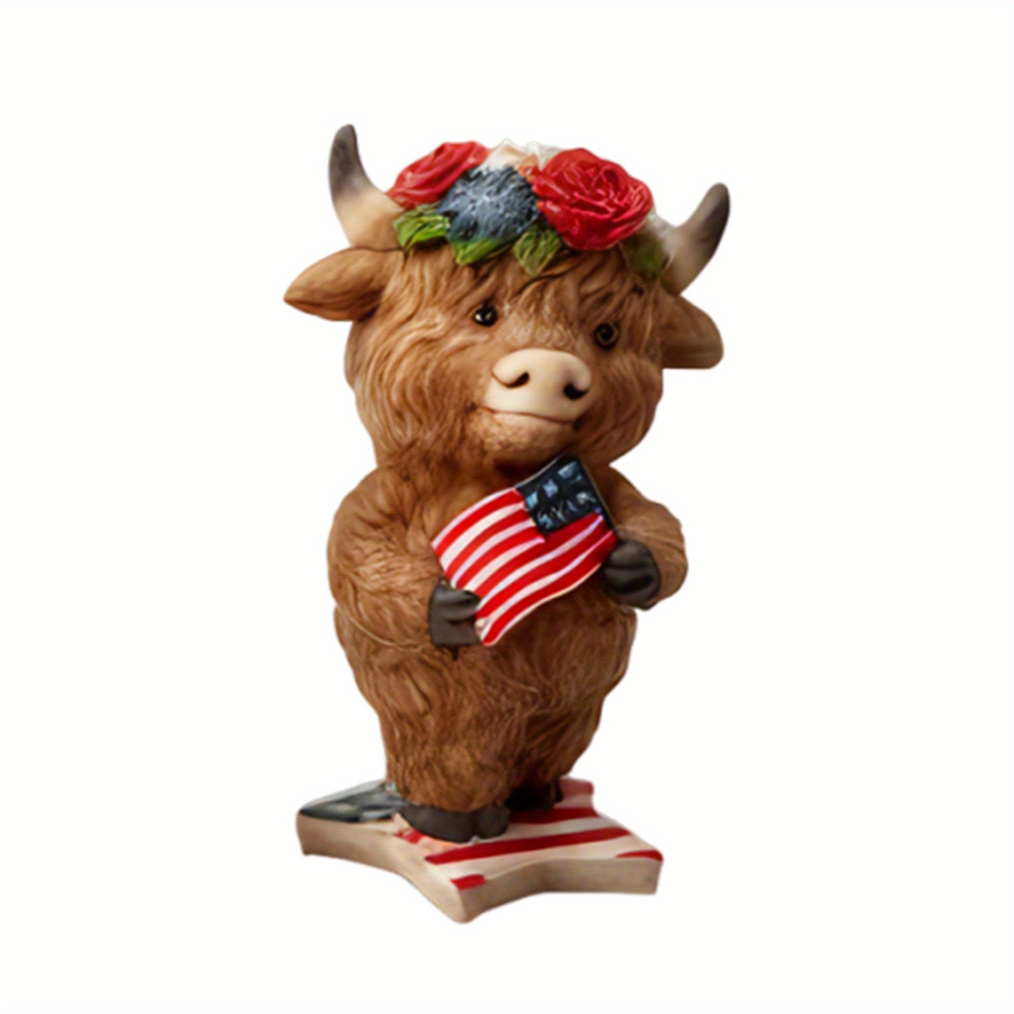 Mother'S Day Independence Day Birthday Gift New Casual, Elegant And Fashionable Patriotic Highland Cow Statue Cute Resin Animal Statue Independence Day Indoor And Outdoor Garden Decoration