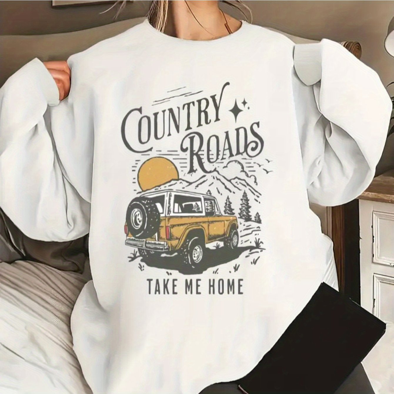 [Graphic Pullover] Women's Long Sleeve Graphic Print Crew Neck Pullover | Autumn/Winter White Knit Sweatshirt