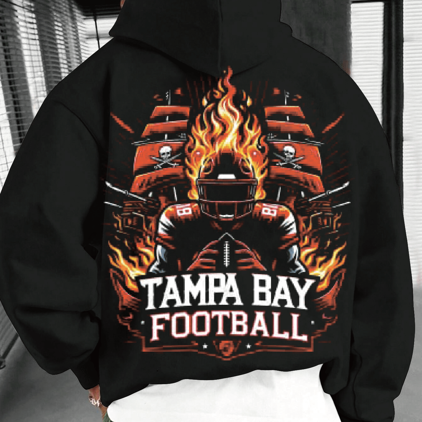 [1pc Tampa Bay Football Graphic Hoodie] Tampa Bay Football-Inspired Hoodie, Cotton Blend Crew Neck Sweatshirt, Regular Fit Knit Fabric Sports & Active Hoodie, with Flame & Skull Graphic, Geometric Pattern, Slight Stretch, Cas