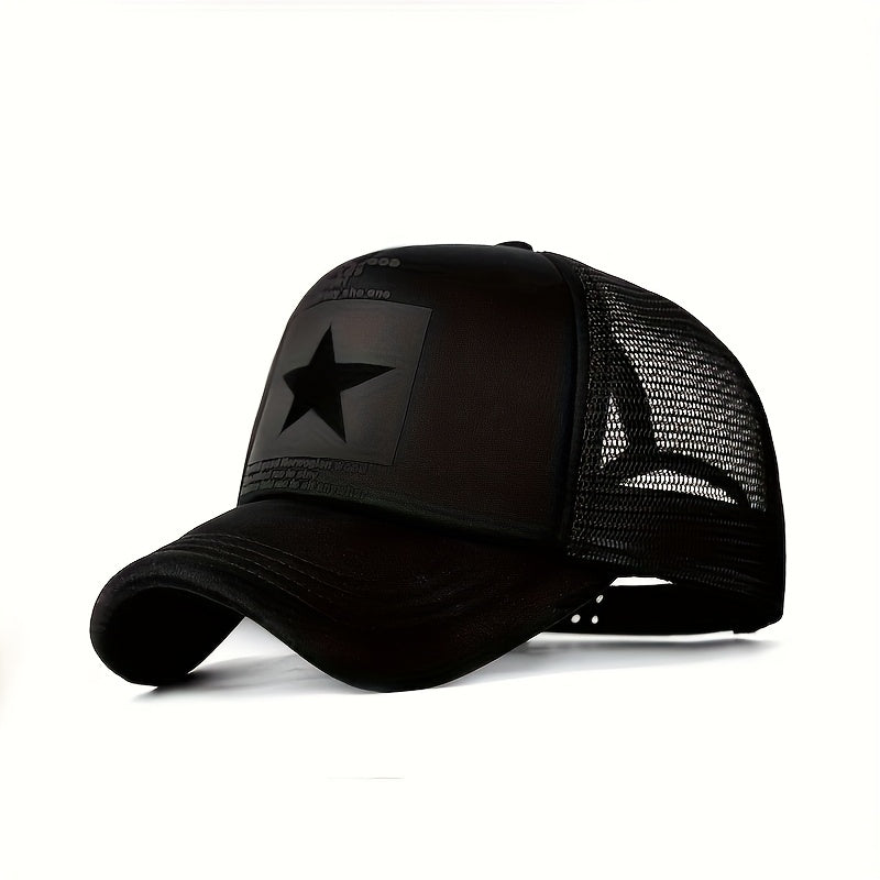 OKOIUM Breathable Mesh Trucker Cap with Star Patch - Adjustable Baseball Hat in Black, Yellow, Red, Blue, and White - Lightweight Sun Protection for Outdoor Sports, Golf, Fishing, and Casual Wear