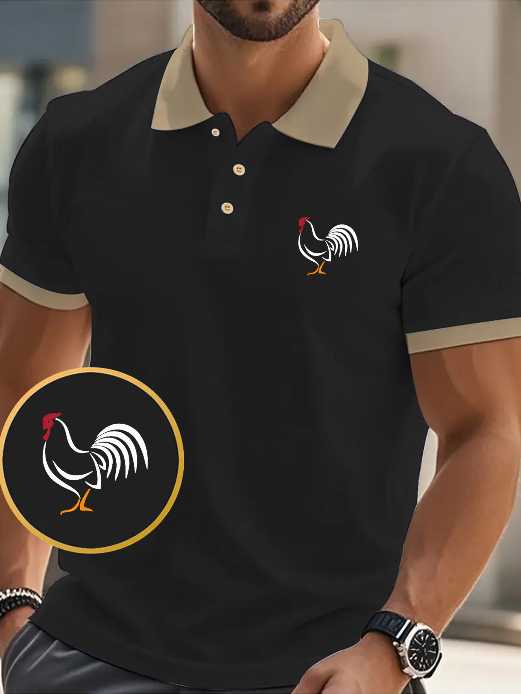 [Comfy Golf Shirt] Rooster Menswear Comfy Print Men's Short Sleeve Golf Shirt | Business Casual Top for Tennis Training