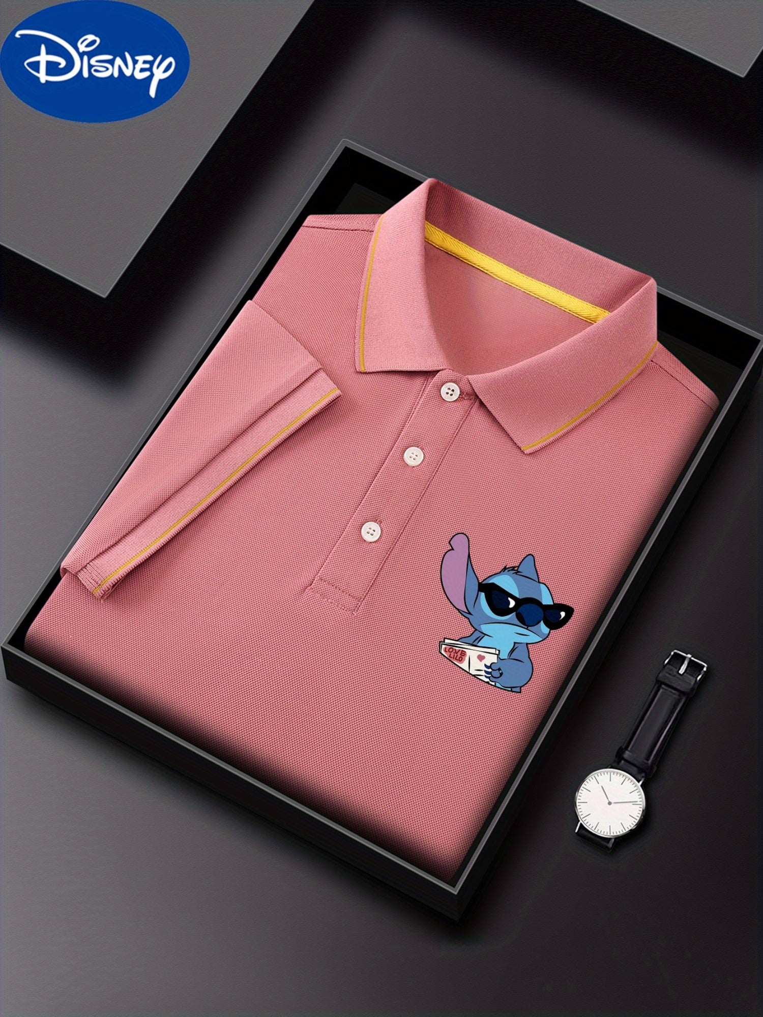 Disney Stitch Cool Glasses Print Short Sleeve Polo Shirt, Premium Business Casual, Short Sleeve Color Blocked Collar Design, Lightweight Polyester, Quick Drying and Breathable Golf Shirt, Polo Shirt, Displayed in Gift Box, Fa