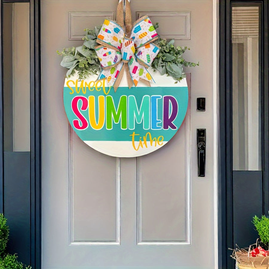 Hello Summer Spring-Loaded Door Hanger - Wooden Wall-Mounted Front Door Decor with Colorful 