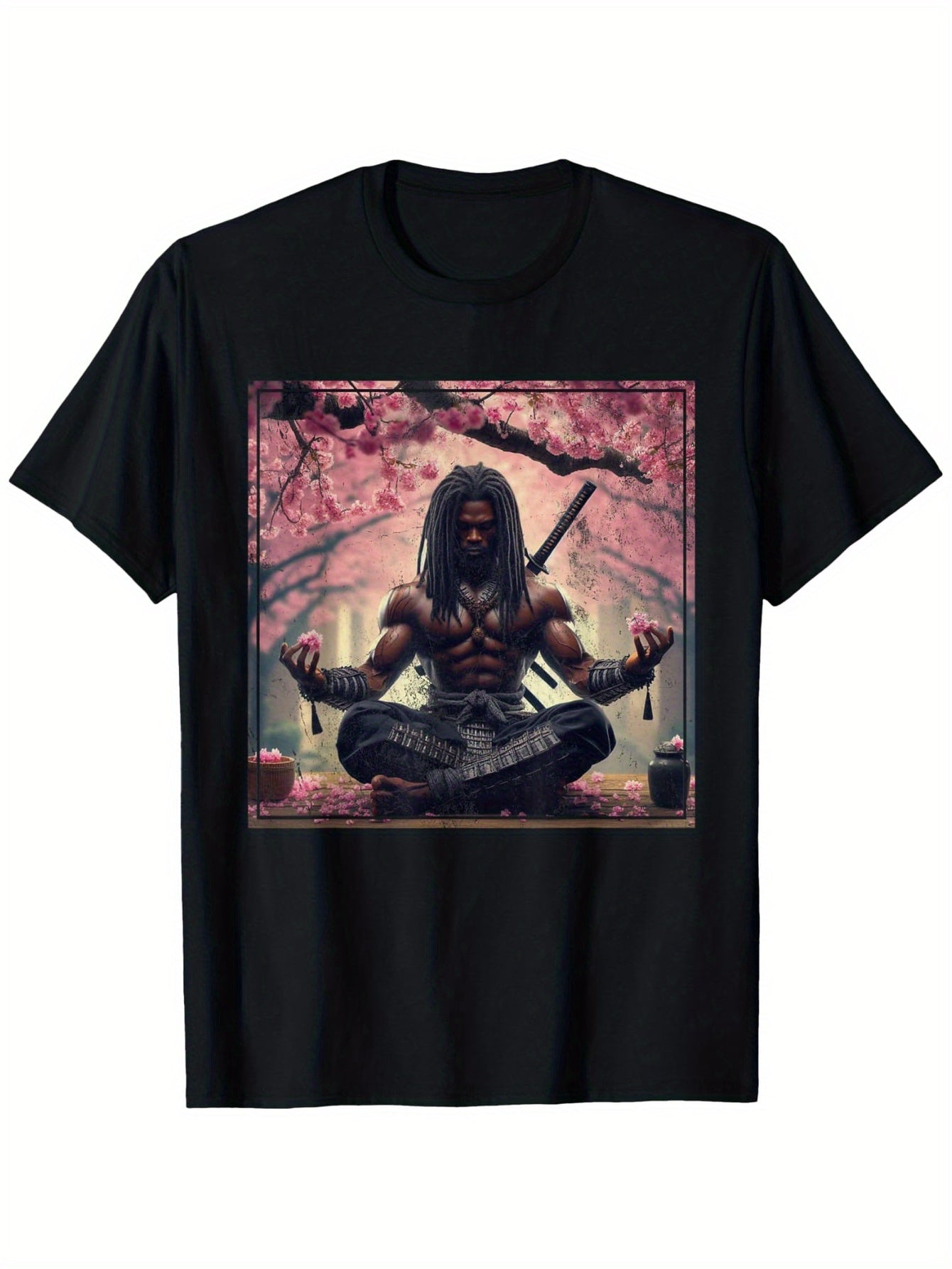 Men's Black Samurai Yasuke Meditating Under Cherry Blossom T-Shirt - 100% Cotton, Crewneck Short Sleeve, Regular Fit, S-XXXL, Spiritual Art Design, Lightweight & Breathable, Perfect for Daily Wear, Travel, or Gifts
