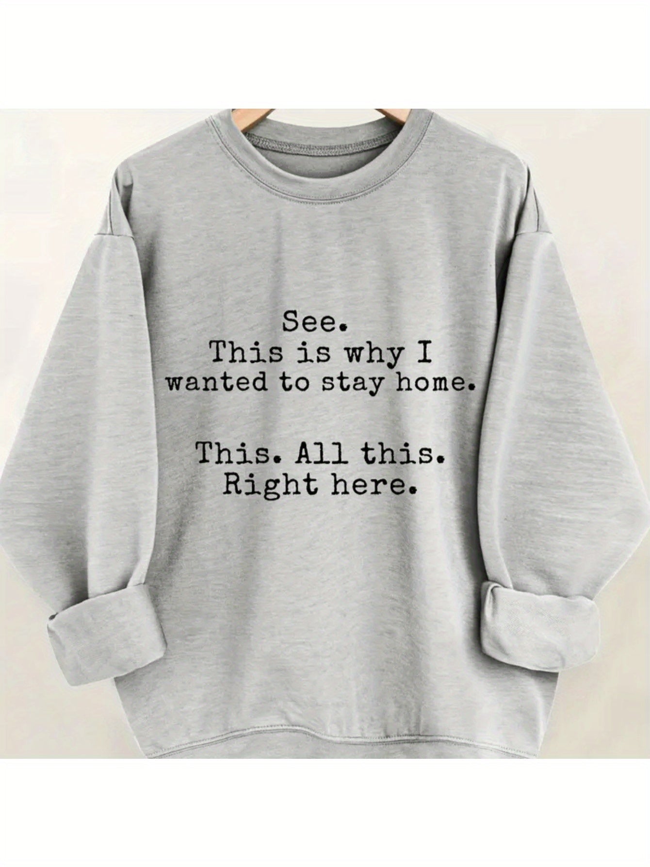 Women's Casual Crew Neck Letter Print Casual Sweater, Long Sleeve Pullover for Autumn/ Winter, Knit Grey Sweatshirt