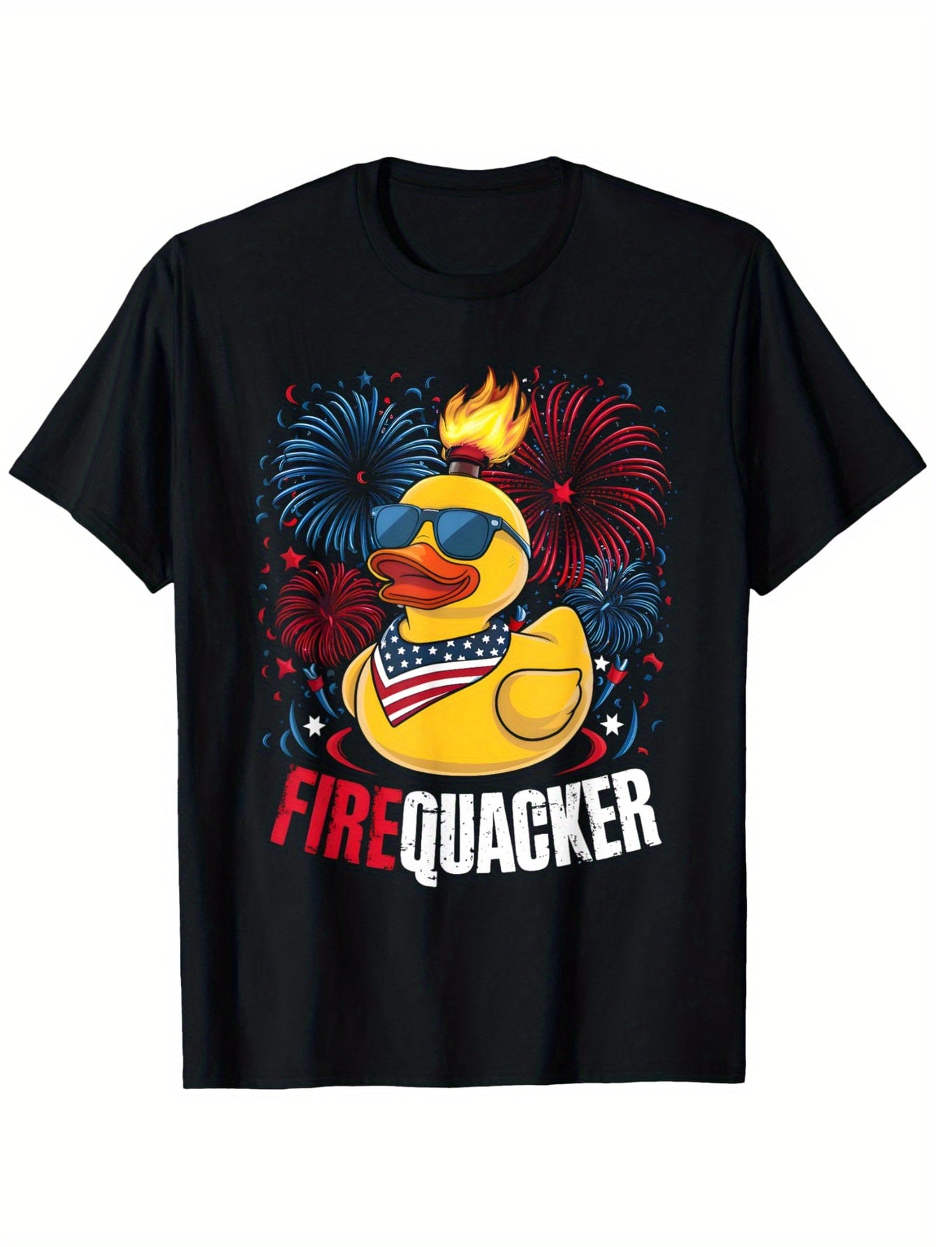 Men's Patriotic Fourth of July Funny T-Shirt - Cool Duck Graphic with Fireworks & American Flag Fashion Glasses Design, 100% Cotton 180g Fabric, S-XXXL Sizes for Summer Outdoor Independence Day Celebrations, Casual Wear, Humo