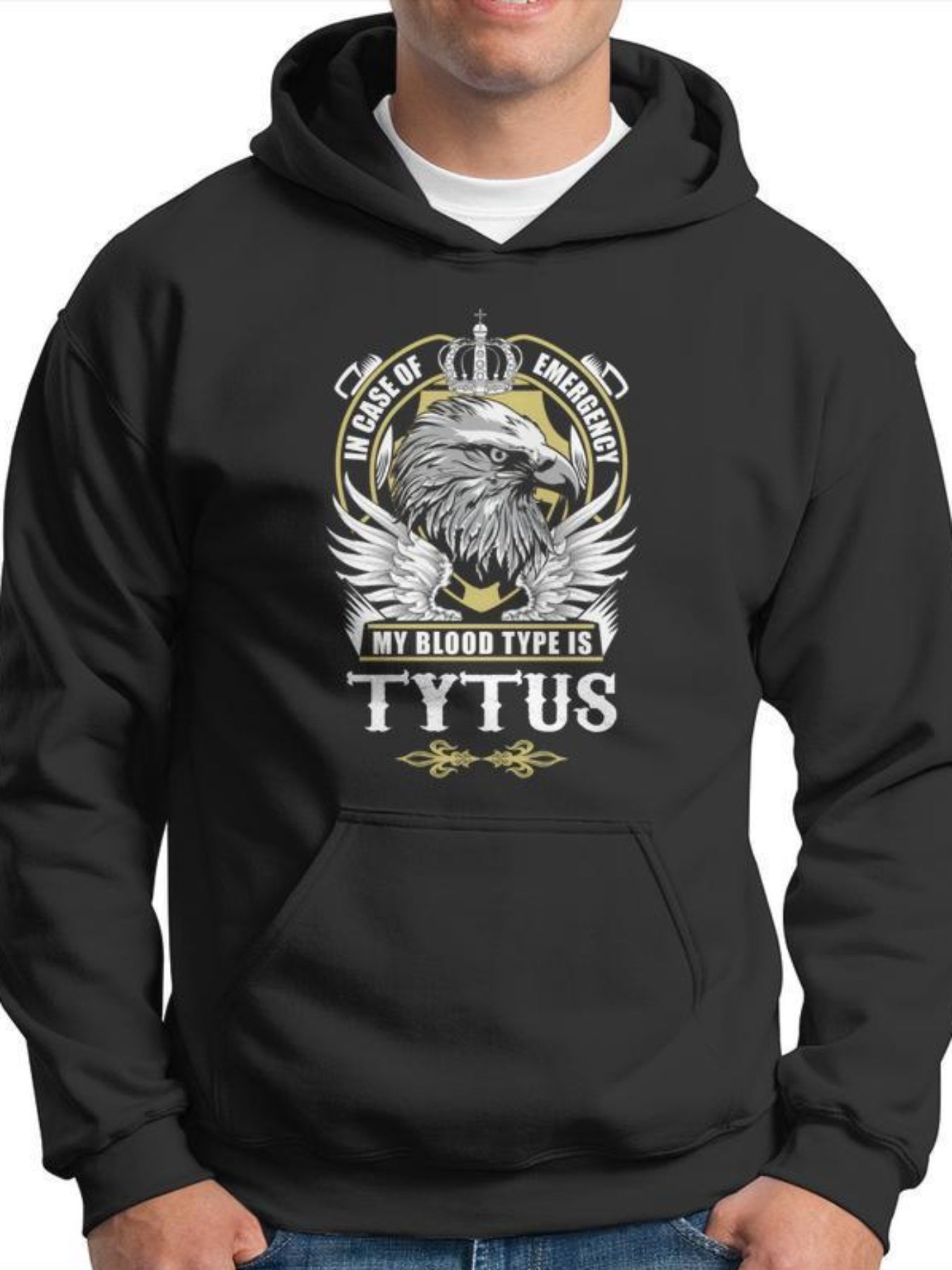 Men's Graphic Hoodie - In Case Of Emergency My Blood Typus Design - Black Hooded Sweatshirt with Kangaroo Pocket - Soft Polyester Streetwear Pullover for Casual Outfits & Bold Statements, Essential Hoodie, Travel Friendly Att