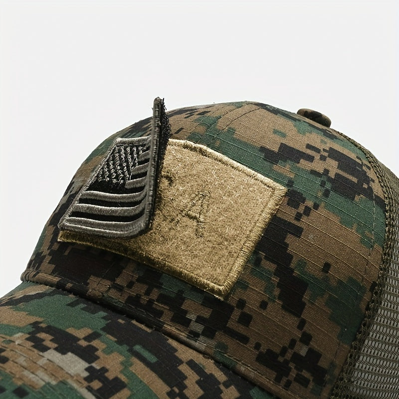 Quick-Dry Breathable Polyester Tactical Camo Baseball Cap - Adjustable Button Closure, American Flag Patch, Sun Protection - Independence Day, Hiking, Fishing & Outdoor Adventures