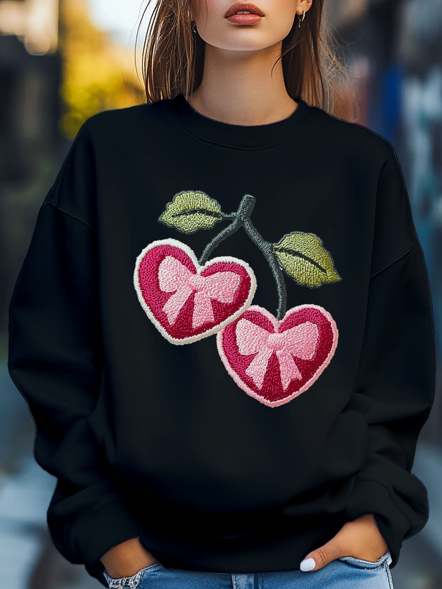 Women'S Cherry Love Heart Bow Embroider Print Sweatshirt Pullover Fall Loose Fashion Long Sleeve Crew Neck Sweatshirt Casual Comfy Clothes