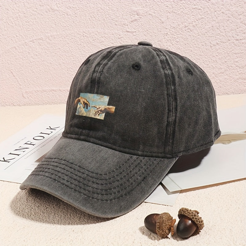 [Vintage Oil Painting Print Cap] Unisex Vintage Oil Painting Print Baseball Cap, Polyester Breathable Casual Embroidered Hat, Hand Washable, Flag Theme, Adjustable Fit