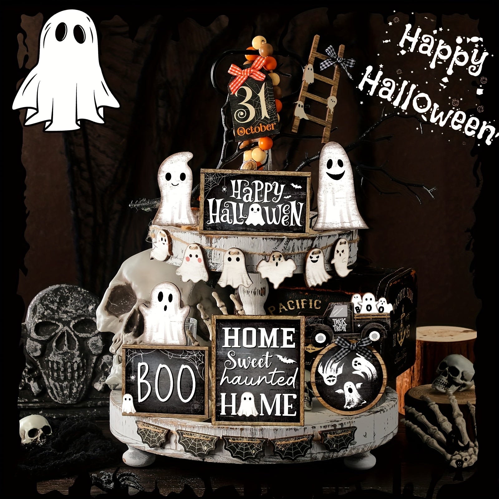 Halloween Tiered Tray Decor Set of 21pcs - Rustic Wooden Sign for Table Centerpiece, Farmhouse Kitchen, Party Shelf Display - Spooky Indoor Home Decorations - Event Setup for Holiday, Summer Gathering, Independence Day Party