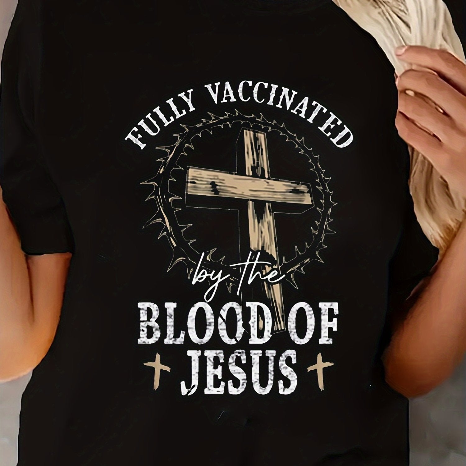 Women's Fully Vaccinated Blood Of Jesus Funny Print Crew Neck Short Sleeve Graphic T Shirts Loose Casual Tops Tee