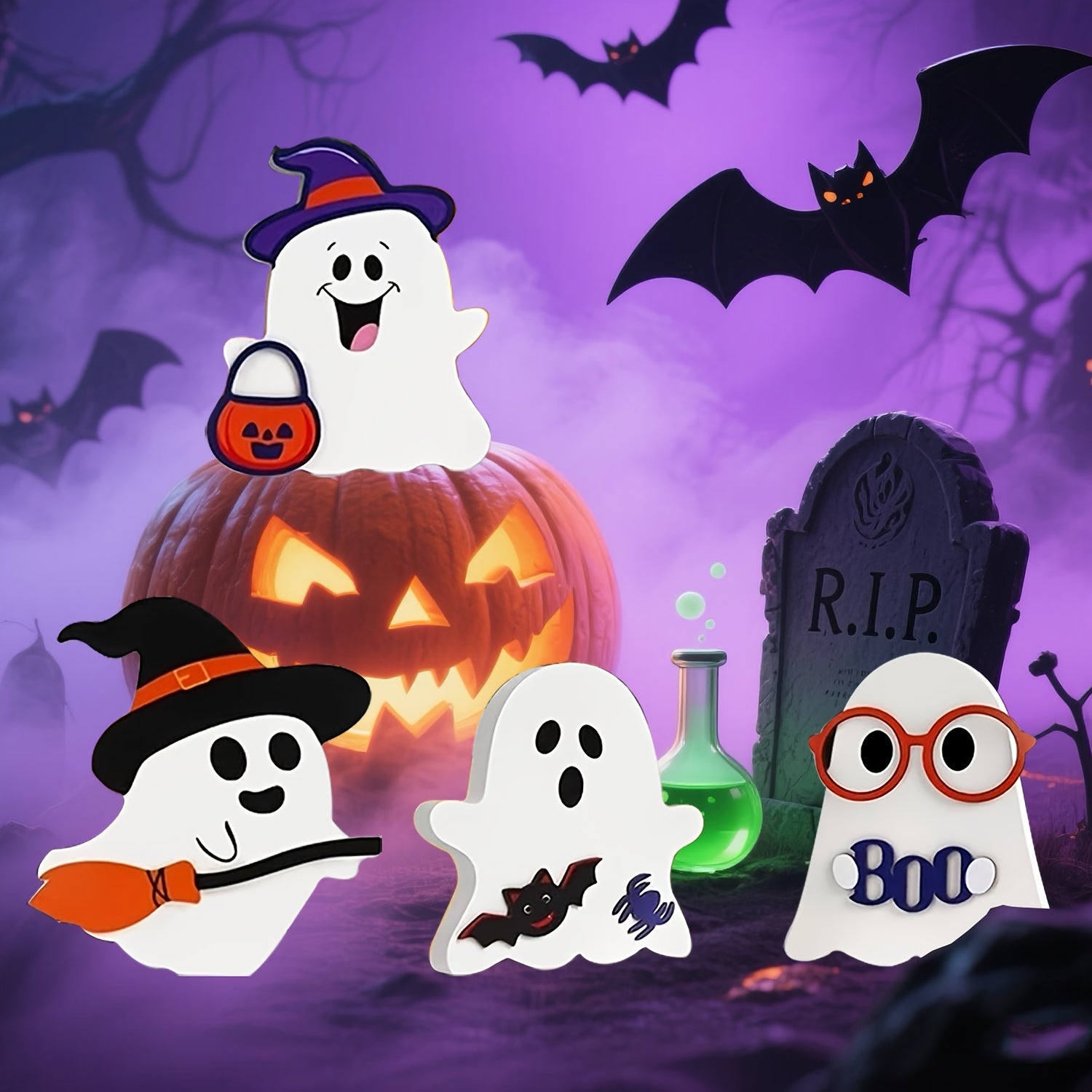 Cute Halloween Decorations Indoor - Halloween Decor/ Decor, 4pcs Wooden Halloween Signs for Table, Office Desk, Tiered Tray, Fireplace Mantle - Spooky Halloween Decorations